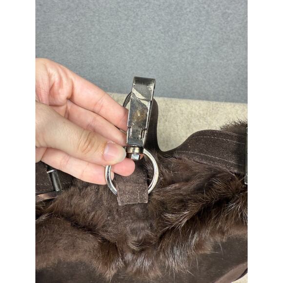 Stuart Weitzman Dark Brown Suede Fur Trim Shoulder Bag Front Clip - Picture 8 of 14